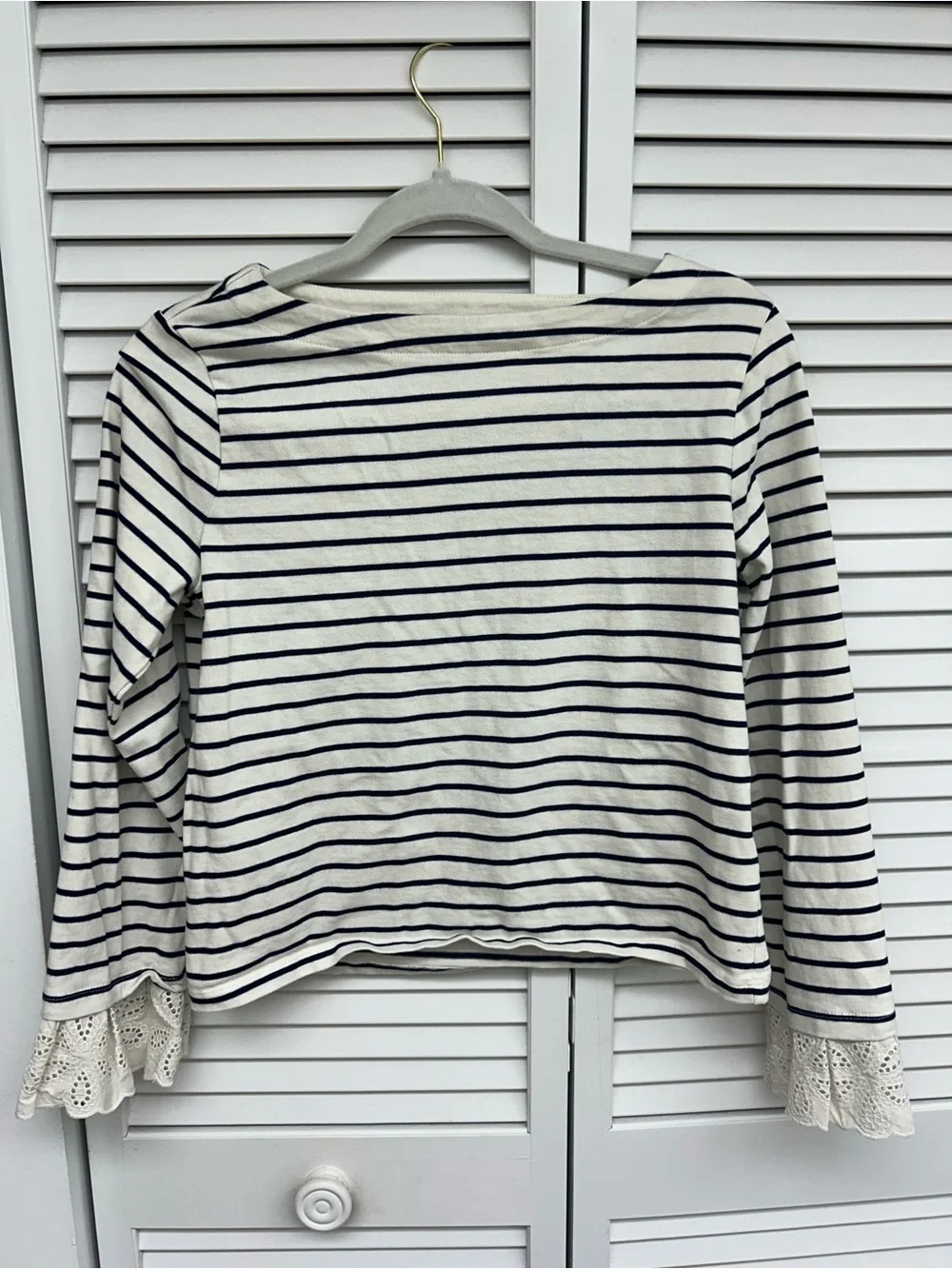 J. Crew White and Navy Striped Long-Sleeve Top with Lace Cuffs